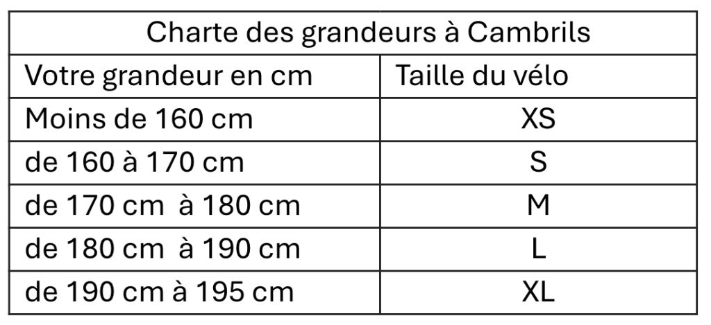 Charte des grandeurs location de vélo cambrils